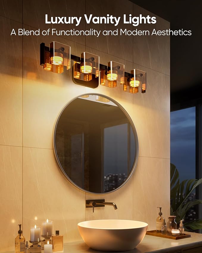 JACKYLED Bathroom Light Fixture, Modern 4-Light Vanity Lights with Art Glass Shades, 3 Color Temperatures LED Bathroom Lighting Fixture Over Mirror, 20W 1200 Lumen 30° Adjustable, Amber Glass