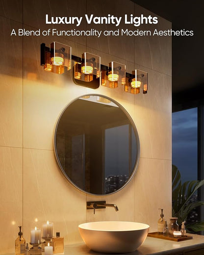 JACKYLED Bathroom Light Fixture, Modern 4-Light Vanity Lights with Art Glass Shades, 3 Color Temperatures LED Bathroom Lighting Fixture Over Mirror, 20W 1200 Lumen 30° Adjustable, Amber Glass