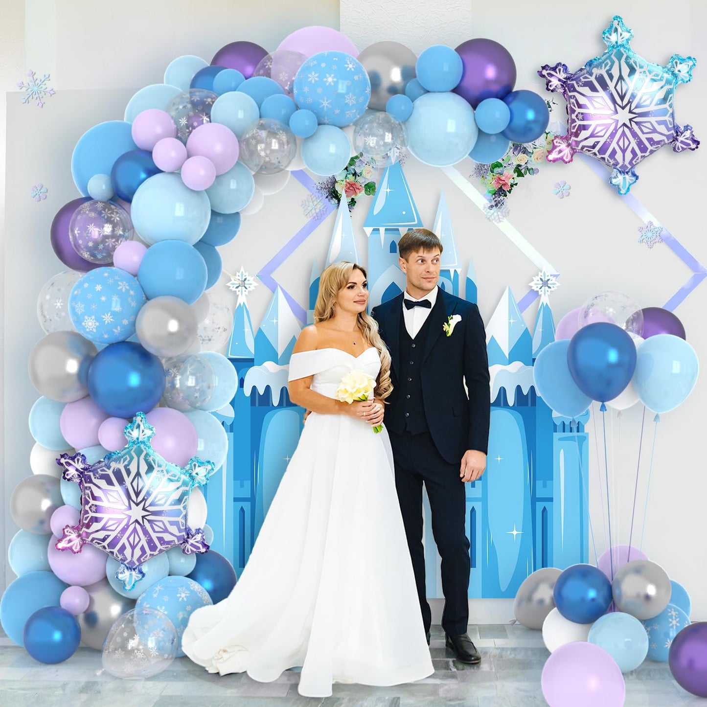 Snow Balloon Garland Arch Kit Princess Castle Backdrop Blue Purple Snowflake Balloons Garland Kit Winter Wonderland Princess Party Decorations for Girls Birthday Baby Shower Wedding Party Supplies