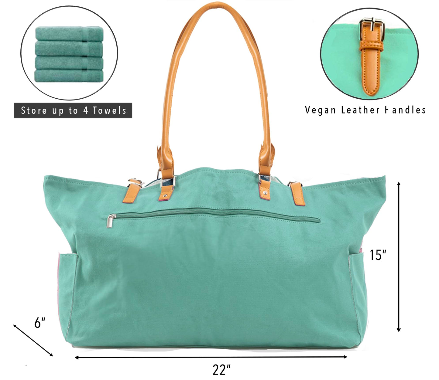 Keho Women's Fashion Trendy Beach Bag – Vegan Leather Handles, Pockets, & Waterproof/Sandproof Design - (Green)