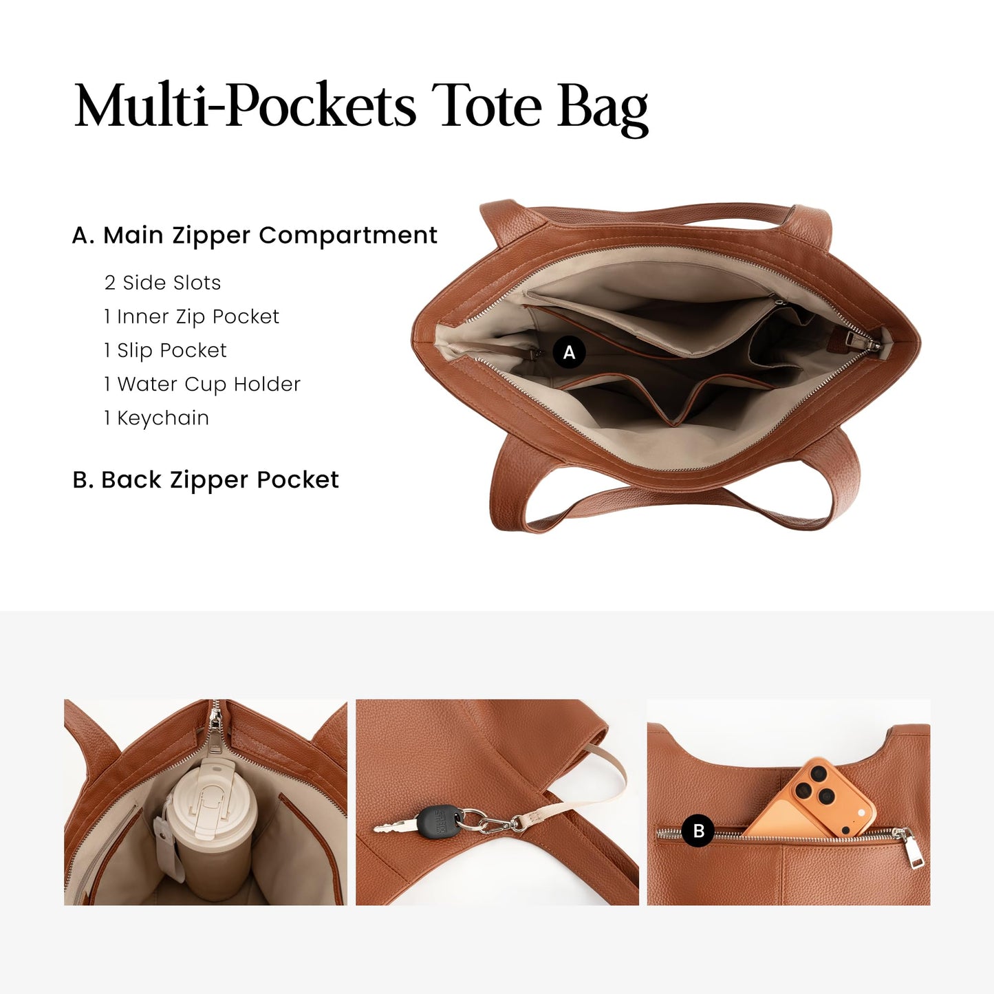 befen Soft Real Leather Tote Bag for Women Work, Women's Slouchy Casual Zipper Tote Work Bag Totes Travel Purse with Cup Holder Cognac Brown