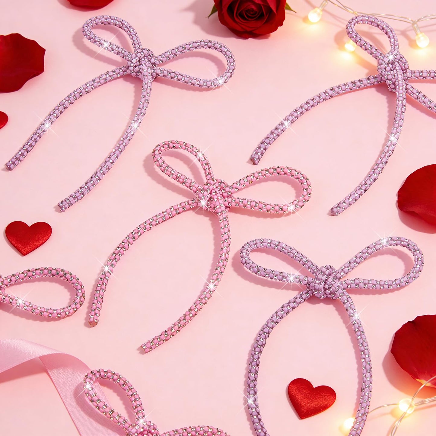 FLAIR GIFTS 6 Pcs 4.3" x 6" 2026 Christmas Bows for Decor, Mix Pink Sparkly Glitter Rhinestone Bow Ornaments with Twist Tie for Decoration, Wreath, Garland, Gift Wrapping