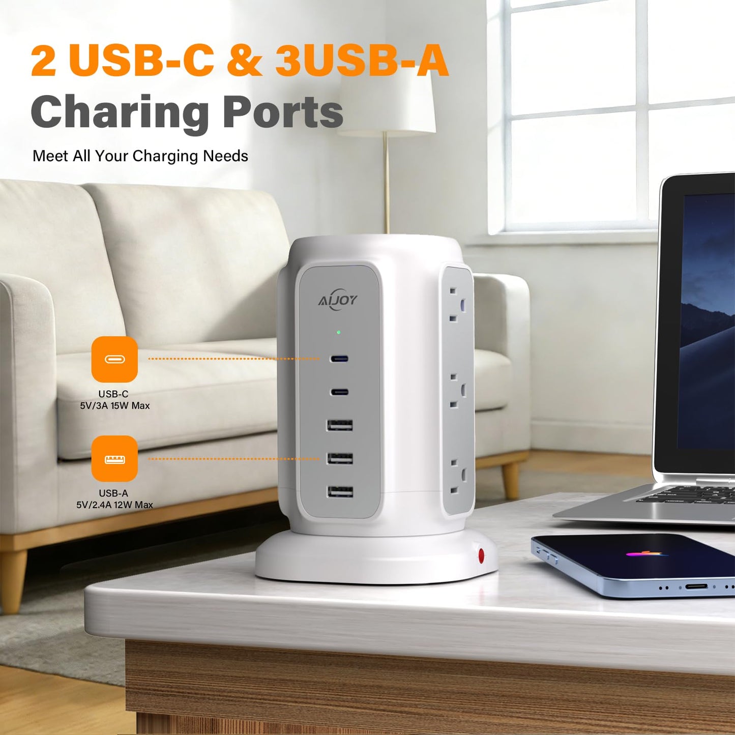 AiJoy Flat Plug Power Strip Tower 9 Outlets and 5 USB Ports (2 USB-C), 1200J Surge Protection, 6.5ft 1625W Extension Cord Charging Station for Home, Office Supplies, Dorm Essentials