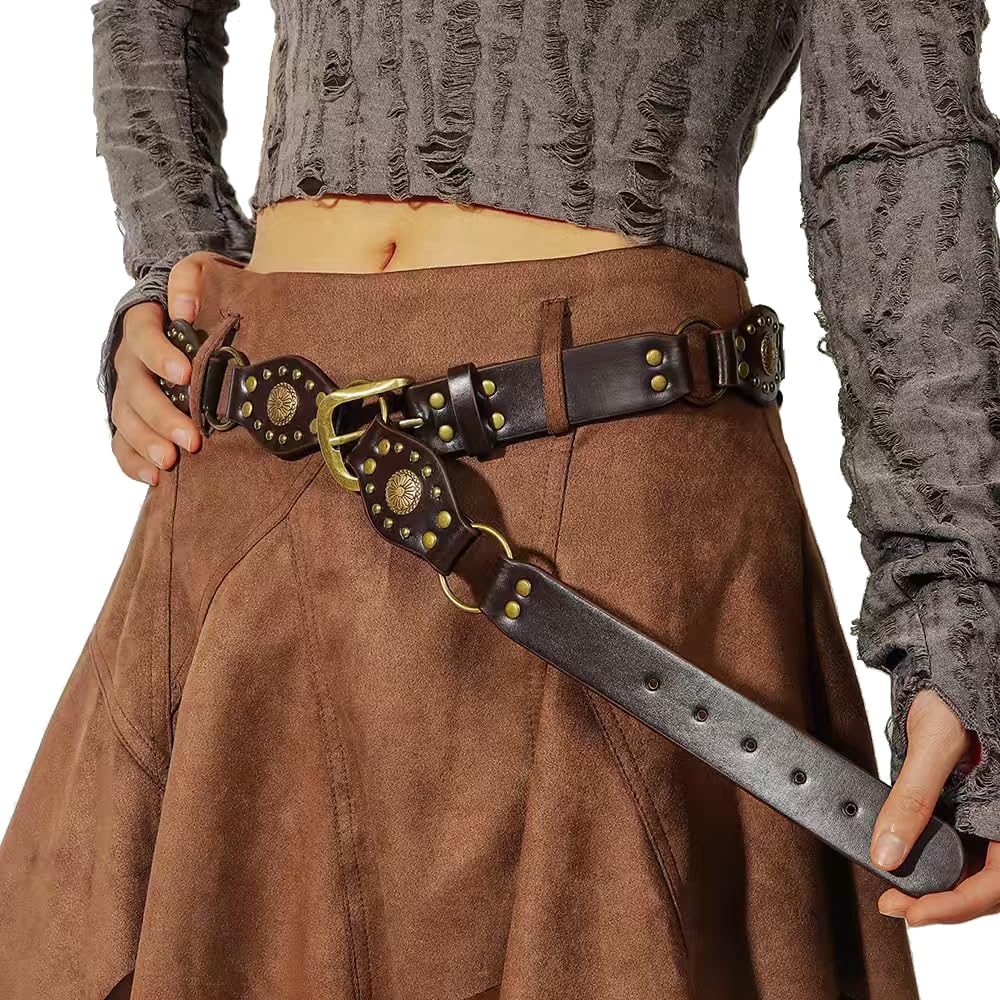 JFYSJH Brown Western Belts for Women Cowgirl Y2K Studded Leather Concho Chain Belt Wide Boho Disc Vintage Country Belts for Dresses Jeans, Fit Waist 38" to 42"