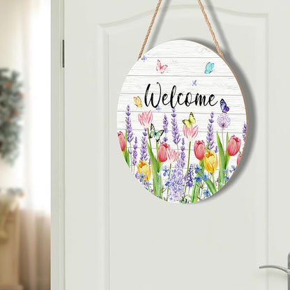 Welcome Spring Summer Tulip Flower Front Door Sign Spring Door Decorations Floral Wooden Hanging Sign Summer Door Hanger Tulip Wreath Wall Sign for Indoor Outdoor Porch Yard Garden Decor 12x12 Inch
