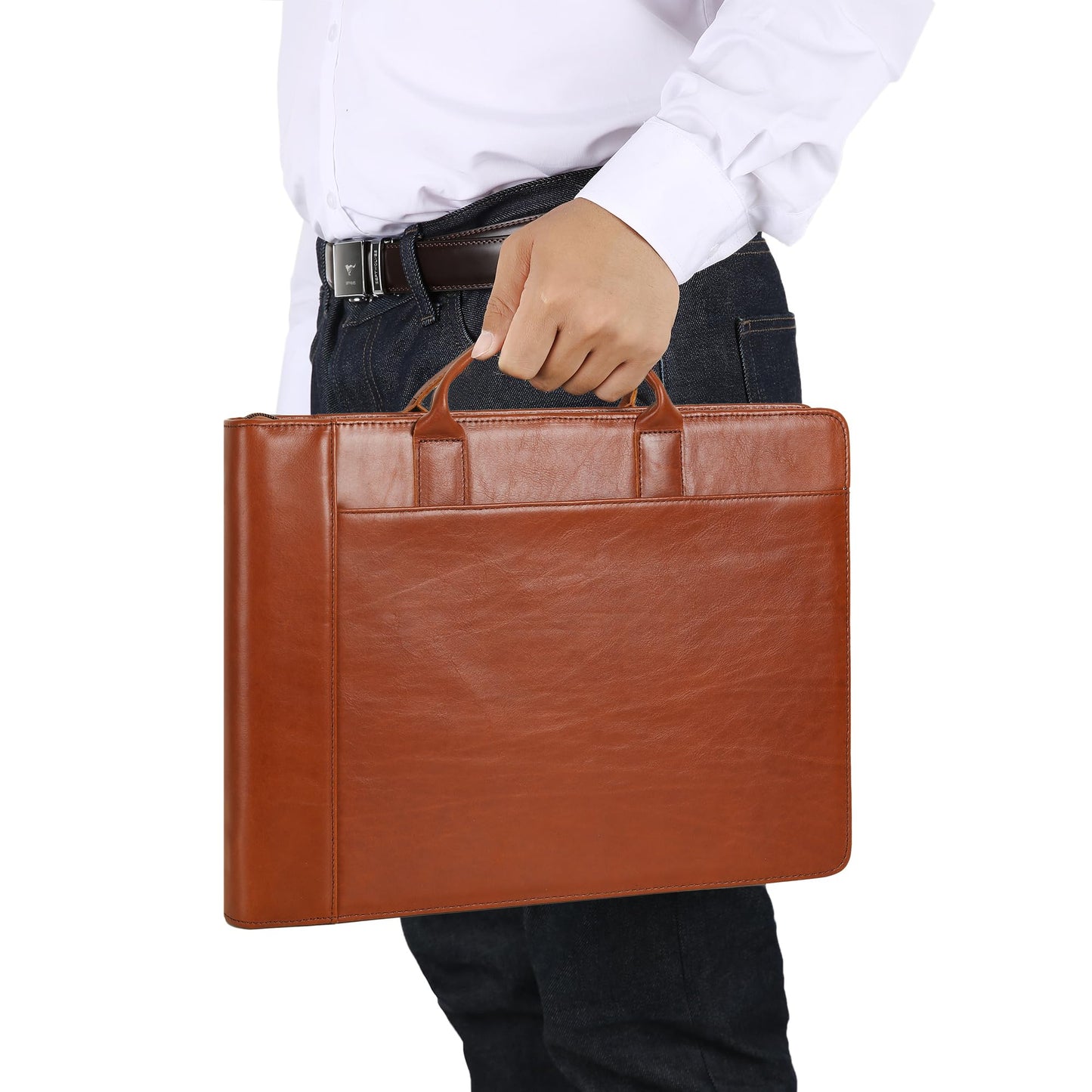 Handmade Leather Business Checkbook Binder - 7 Ring Check Binder with Handle, Check Holder Checkbooks for Business Checks for 3 Per Page 600 Checks Capacity for 9 x 13 inch Sheets, Oil Brown