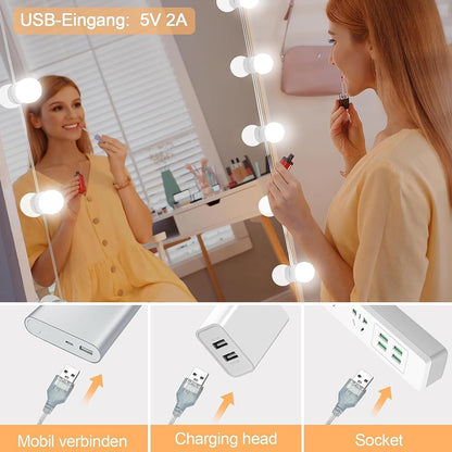 LED Vanity Mirror Lights, Hollywood Style With 14 Dimmable Bulbs, Adjustable Color & Brightness, USB Cable, Stick-on for Makeup Table Dressing Room