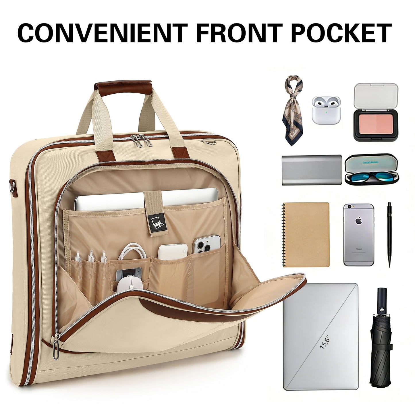 TONRUYN Travel Garment Bag Carry on Suit Bag for Women 51'' Waterproof Garment Bags Dress Bag for Travel Business Hanging Suitcase Luggage with Shoulder Strap Free shoes bag Fit 15.6'' Laptop, Beige