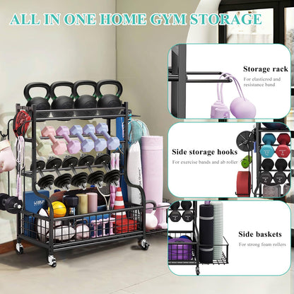 HIEE Dumbbell Rack, Weight Rack for Kettlebells, Storage Holder for Yoga and Workout Equipment, Home Gym Storage Rack with Wheels and Hooks (320 lb)