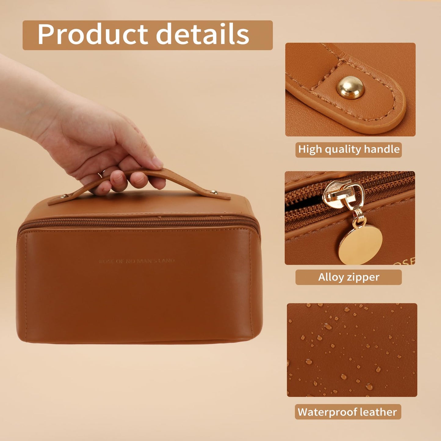 zaleeta 3 Pcs Travel Makeup Bag Portable Large Capacity Cosmetic Bags for Women Open Flat Makeup Case Organizer Bag Set of 3 Waterproof PU Leather Toiletry Bags with Divider and Handle (Brown, Medium)
