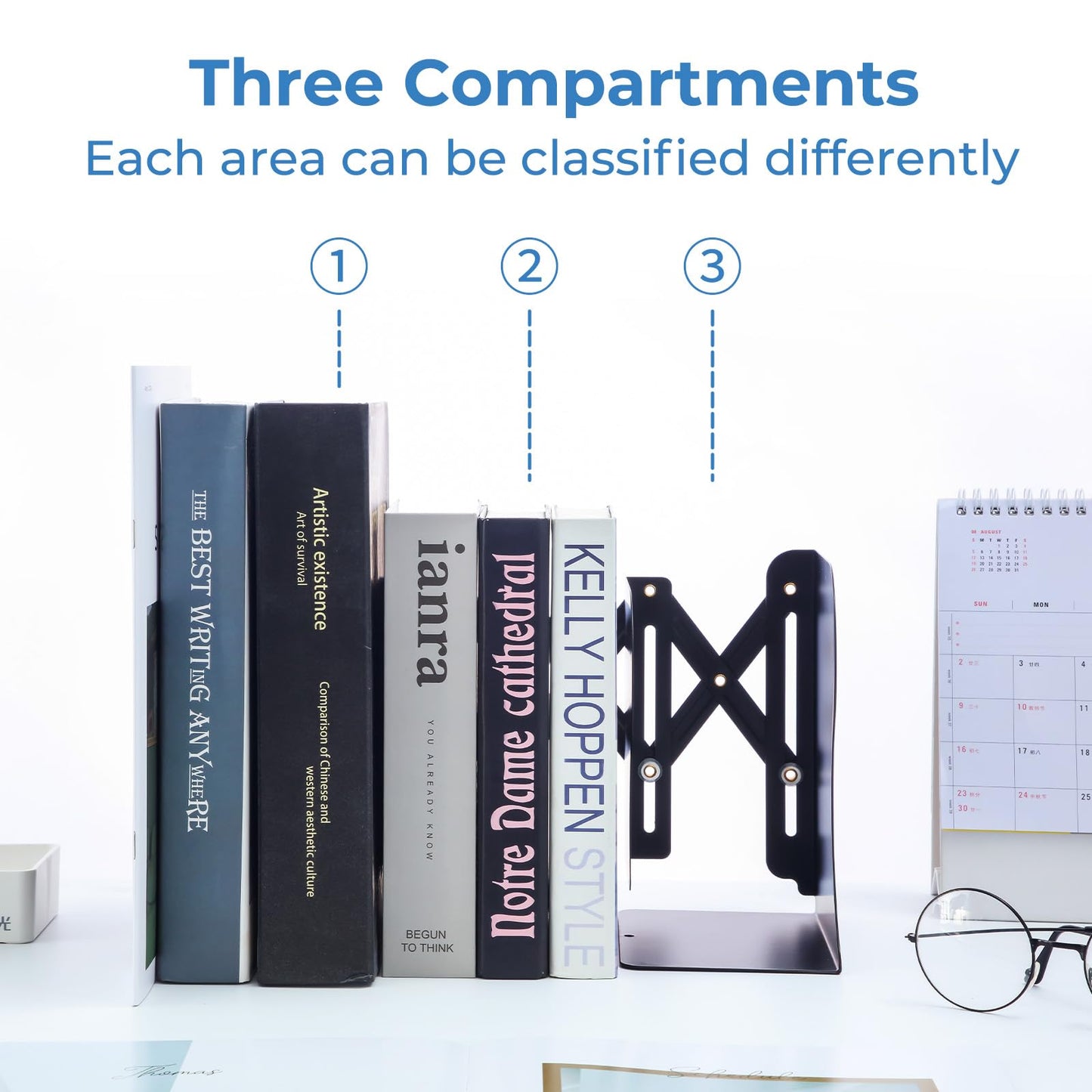 M&G Adjustable Bookends Book Ends for Shelves, Metal Bookend for Heavy Books, Desk Magazine File Organizer Holder Extends up to 20in, Book Stopper for Home, Office, Classroom (Black)