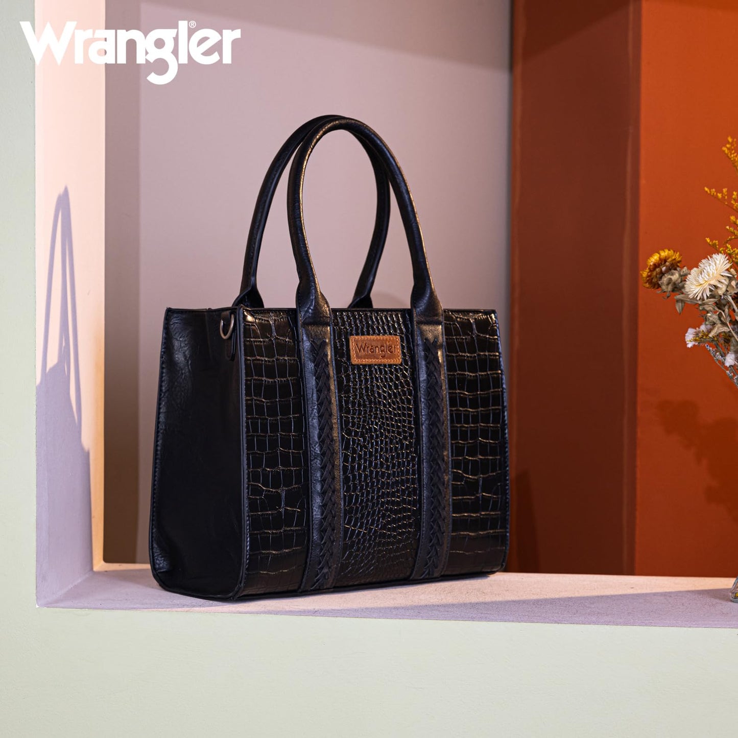 Wrangler tote bag for womens purses and handbags for women Crocodile black satchel bags 3pcs purse set gifts medium crossbody with guitar strap WG3-B8321BK
