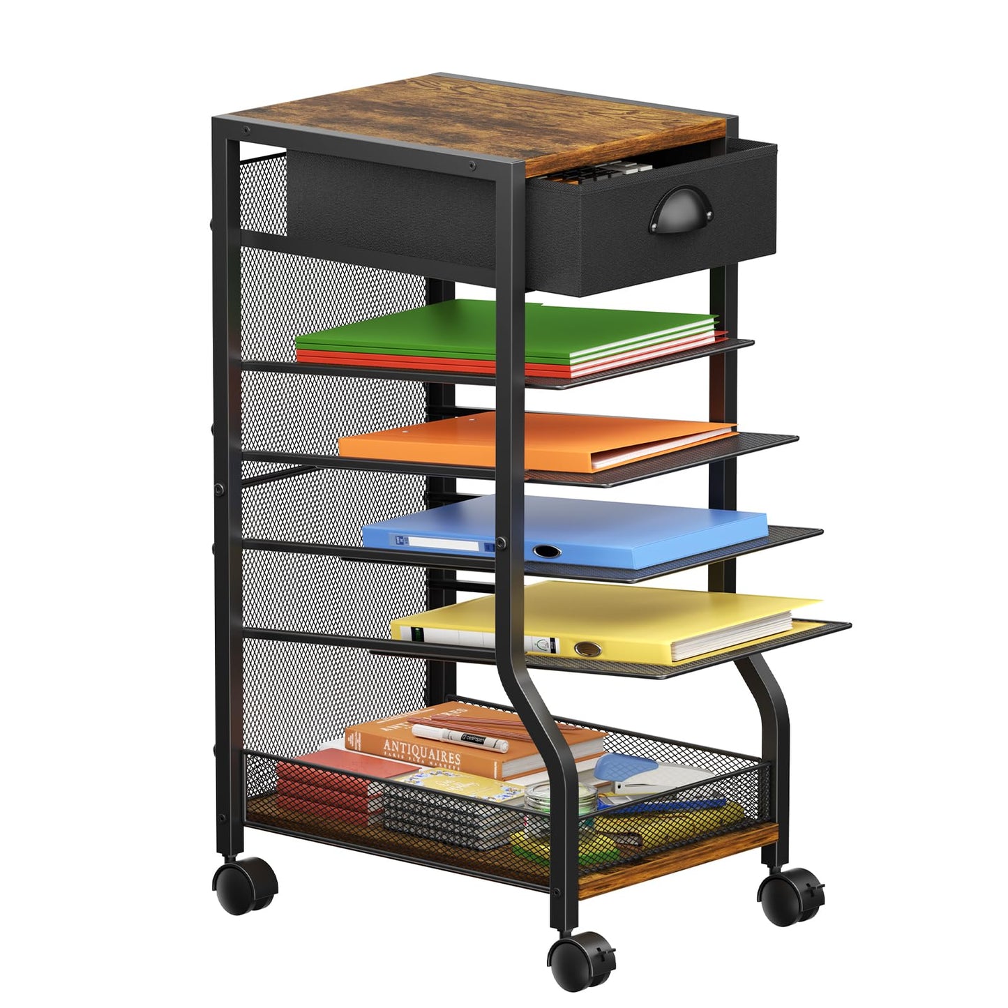 keomaisyto 6-Tier Rolling File Cart with Drawer, Under Desk Storage with Paper Letter Sliding Trays, Standing File Organizer with Wheels, Slim Workspace Organizers for Office/Home/School/Study