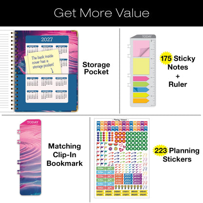 HARDCOVER Academic Year 2026-2027 Planner: 14 Months (May 2026 Through June 2027) 8.5"x 11" Daily Weekly Monthly Planner Yearly Agenda. Bookmark, Pocket Folder and Sticky Note Set (Summer Bliss)