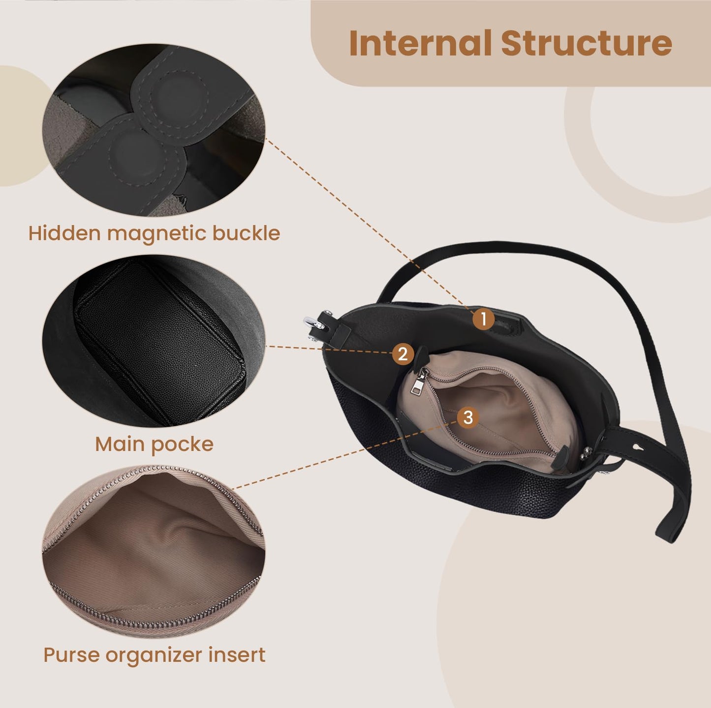 Rosvovo Genuine Leather Crossbody Bags for Women, Trendy Leather Purses Shoulder Bucket bags for women with Adjustable Strap, Black