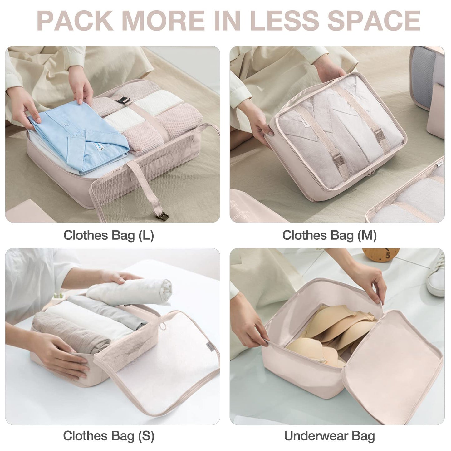 8 Set Packing Cubes for Suitcases, Packing Cube for Shoes, Cosmetics, Clothing and Accessories, Packing Cubes for Travel Luggage Organizer Women Men(Beige)