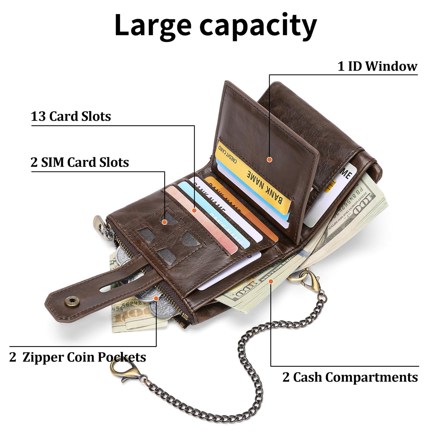 Men's RFID Blocking Bifold Chain Wallet Genuine Leather with Coin Pocket High Security Design (Coffee1)