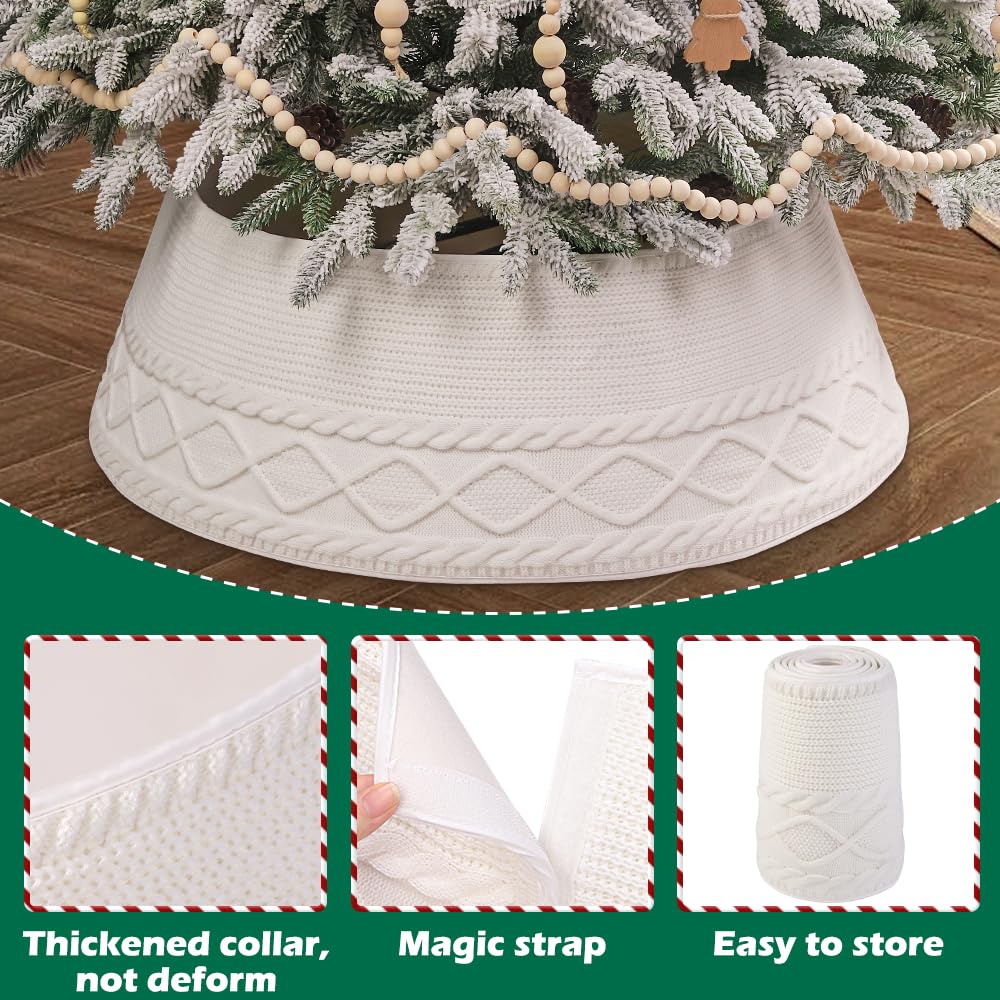 Teeanzo Christmas Tree Collar Skirt,Knitted Cream White Diamond Edge Cable Stand Farmhouse Rustic Tree Ring for Artificial Christmas Tree Base Cover Holiday Home Party Decoration