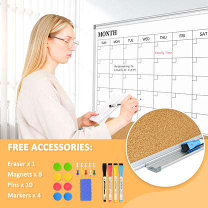 QUEENLINK Dry Erase Calendar Board for Wall, 24"x18" Magnetic Whiteboard Calendar Double-Sided Monthly White Board with Cork Board, Aluminum Frame Memo Message Board for Office, Home, School, Kitchen