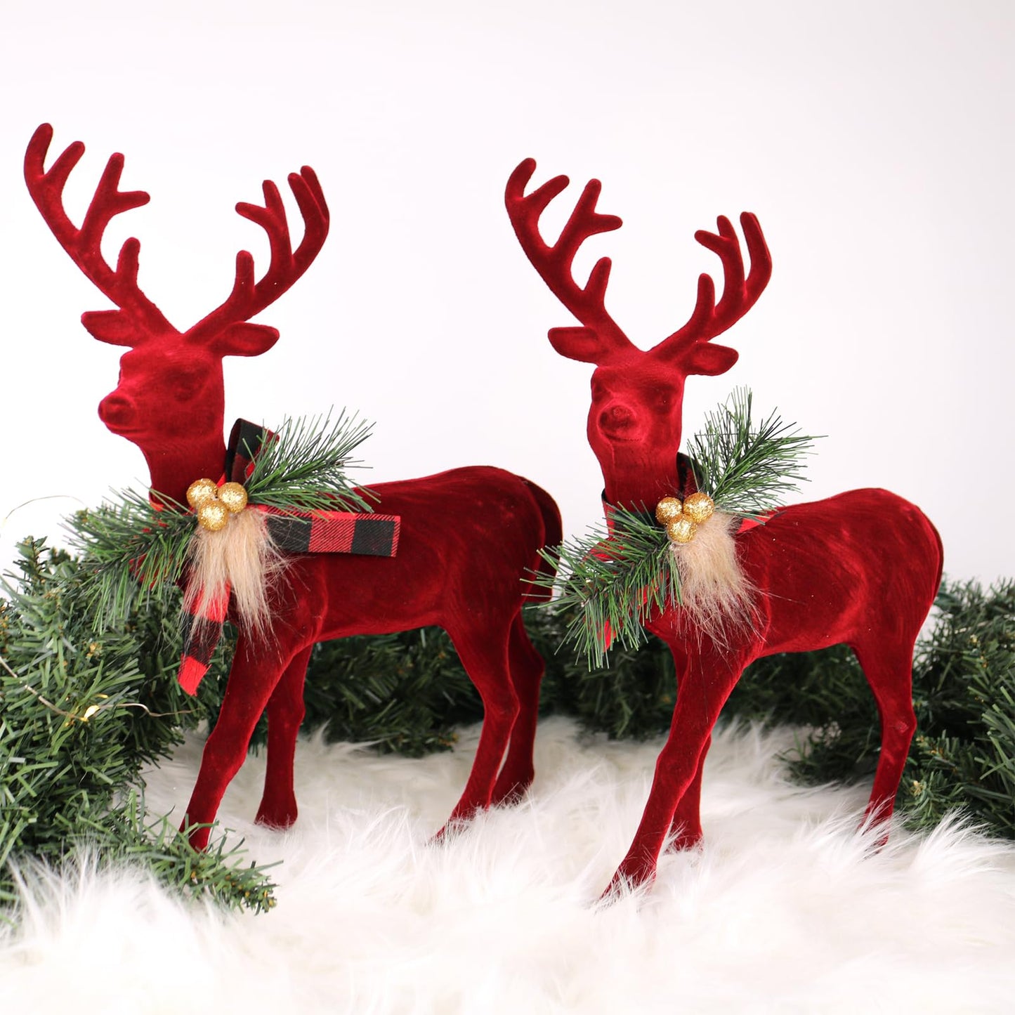 Lotus Hills 2 pcs Reindeer Christmas Decorations, Flocking Christmas Reindeer Figurines with Red Buffalo Plaid Bow, Deer décor Christmas Table Centerpieces Decorations