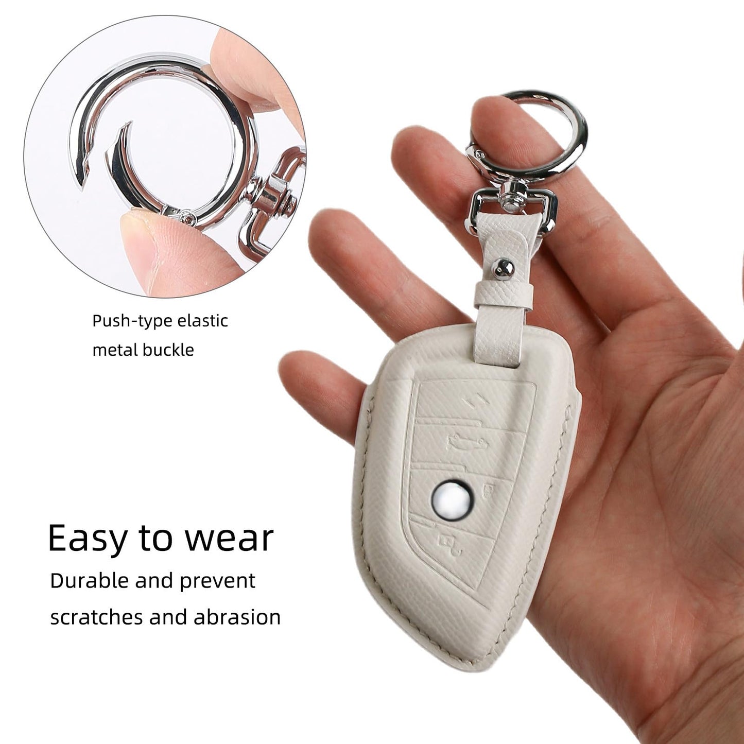 CISUI Leather Key Fob Cover Case, Keychain Shell, Compatible for BMW 2 5 6 7 X1 X2 X3 X5 X6 Series(White)