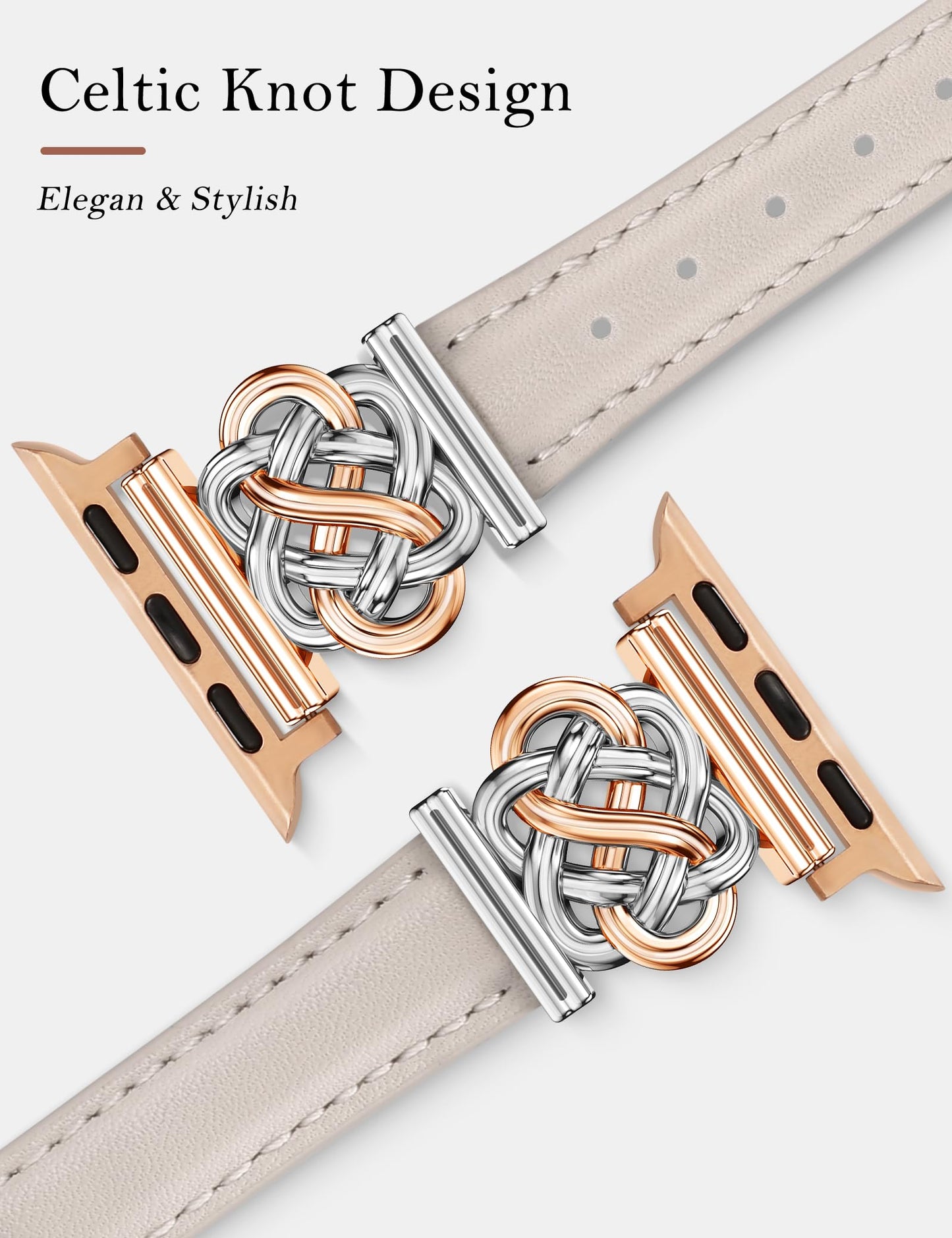 Minyee Celtic Knot Leather Band Compatible with Apple Watch Band 38/40/41/42mm Women, Elegant Interlock Buckle Thin Premium Leather Strap for iWatch Series 11 10 9 Ultra SE 8 7 6 5 4 3 2 1, Starlight
