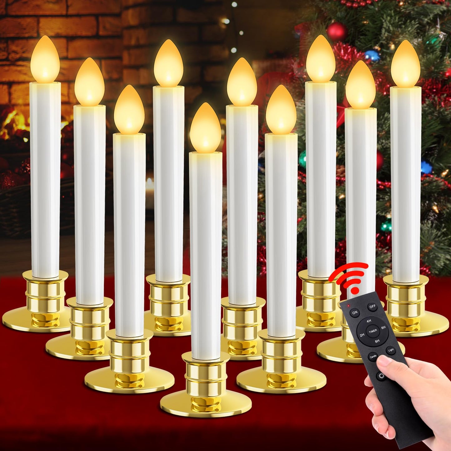 10 Pack Christmas Window Candles Lights Flameless Candle Battery Operated Candles with Remote Control Timer Gold Holders LED Candle for Party Table Top Xmas Thanksgiving Christmas Window Decorations