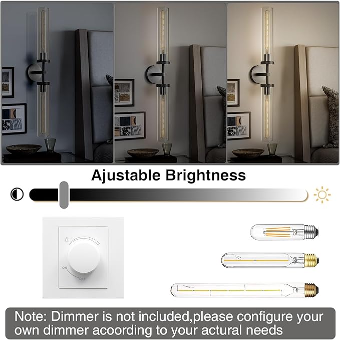 Black Wall Sconces Set of Two, 30" Modern Wall Lighting, Double Lights with Clear Glass Tubes, Knurled Vanity Light for Bathroom, Living Room, Bedroom, Hardwired (Including Bulb)