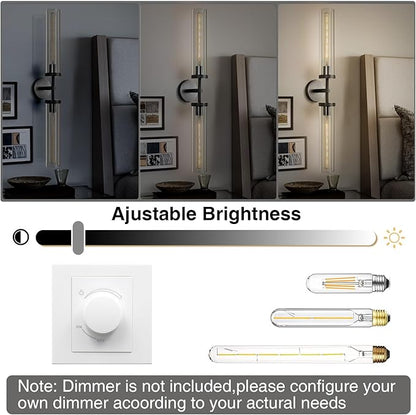 Black Wall Sconces Set of Two, 30" Modern Wall Lighting, Double Lights with Clear Glass Tubes, Knurled Vanity Light for Bathroom, Living Room, Bedroom, Hardwired (Including Bulb)