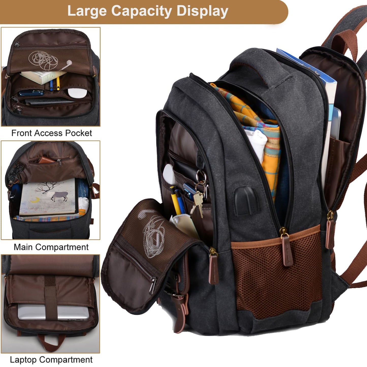 Mactso Canvas Travel Laptop Backpack for Men Women, Business Work Rucksack College Computer Bag Fits 17.3 Inch Notebook,Bookbag with USB Charging Port (Black, 17.3 Inch)