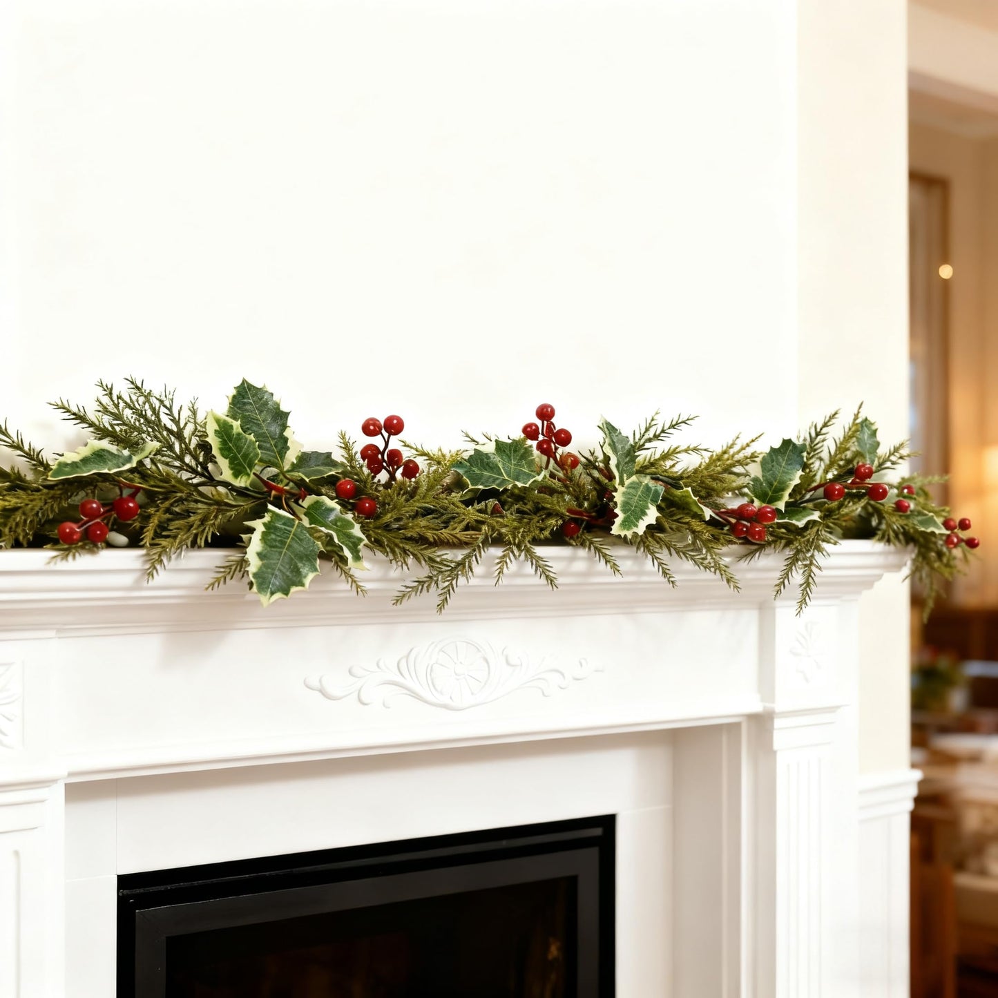 2Pcs 5.7Ft Artificial Christmas Garlands, Red Berry Greenery Leaves Xmas Garland for Mantel Fireplace Holiday Winter Xmas Decor