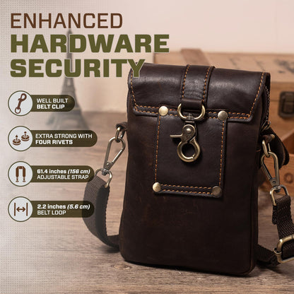 Hengwin Leather Crossbody Phone Purse for Men, Belt Pouch with Multi Pockets, Fits for 6.7" Smartphones, Small Messenger Bag Cell Phone Belt Holster Waist Bag for Travel, Hiking, Daily Use (Coffee)