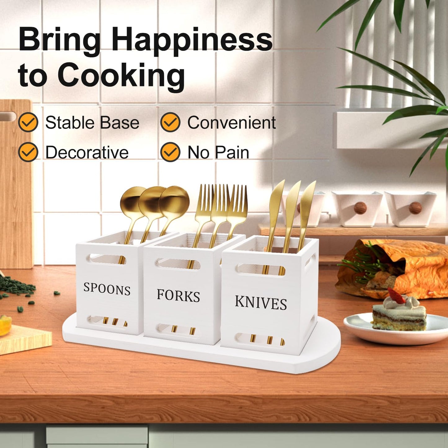 Ayiaren Wooden Flatware Silverware Caddy for Party White Cutlery Holder Small Utensil Holders for Kitchen Counter Wood Silverware Organizer Countertop Knife Fork and Spoon Holder Table Utensil Caddy