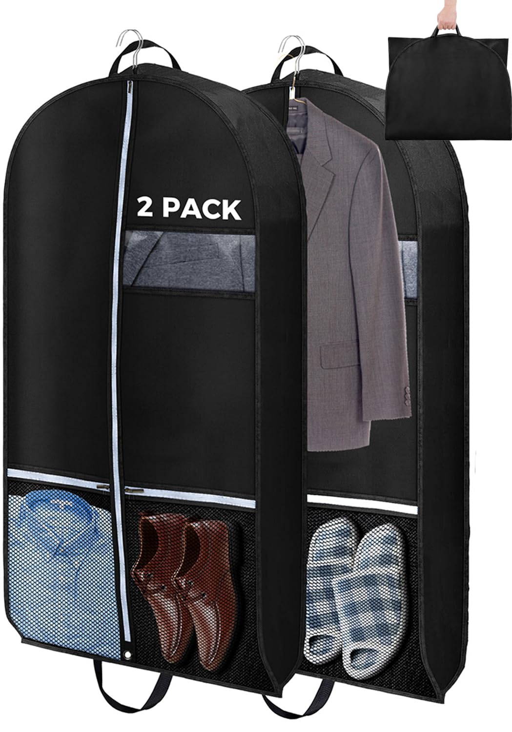 2 pcs 43" Garment Bags for Travel, Suit Bags for Clothing Storage with 2 Handle, Garment Bags for Hanging Clothes Covers with 4" Gussets for Coats, Jackets, Shirts, Sweater