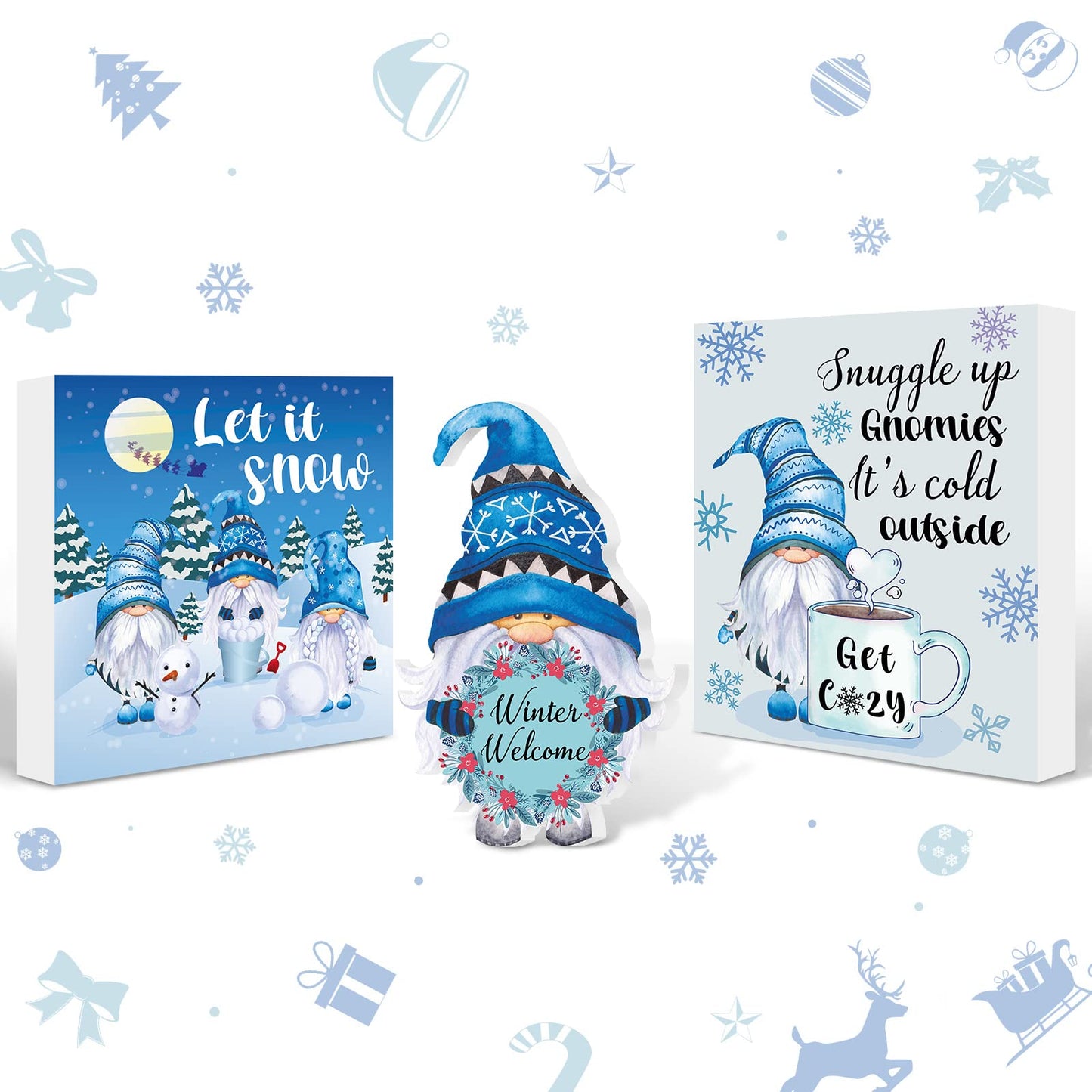 Karenhi 3 Pcs Winter Wooden Gnome Decor Blue Gnomes Tabletop Decorations Plaques Sign Winter Tiered Tray Decor Centerpiece for Home Party Table Desk Fireplace