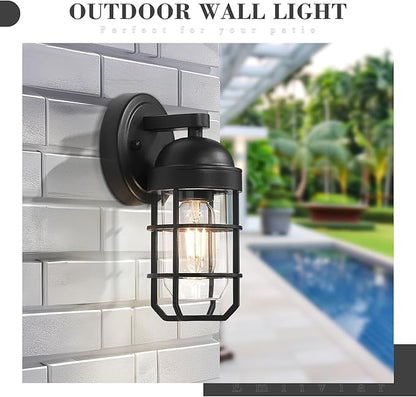 Emliviar Farmhouse Outdoor Wall Light, 2 Pack Wall Light Fixtures with Clear Tempered Glass, Black Finish, GE255B-2PK BK