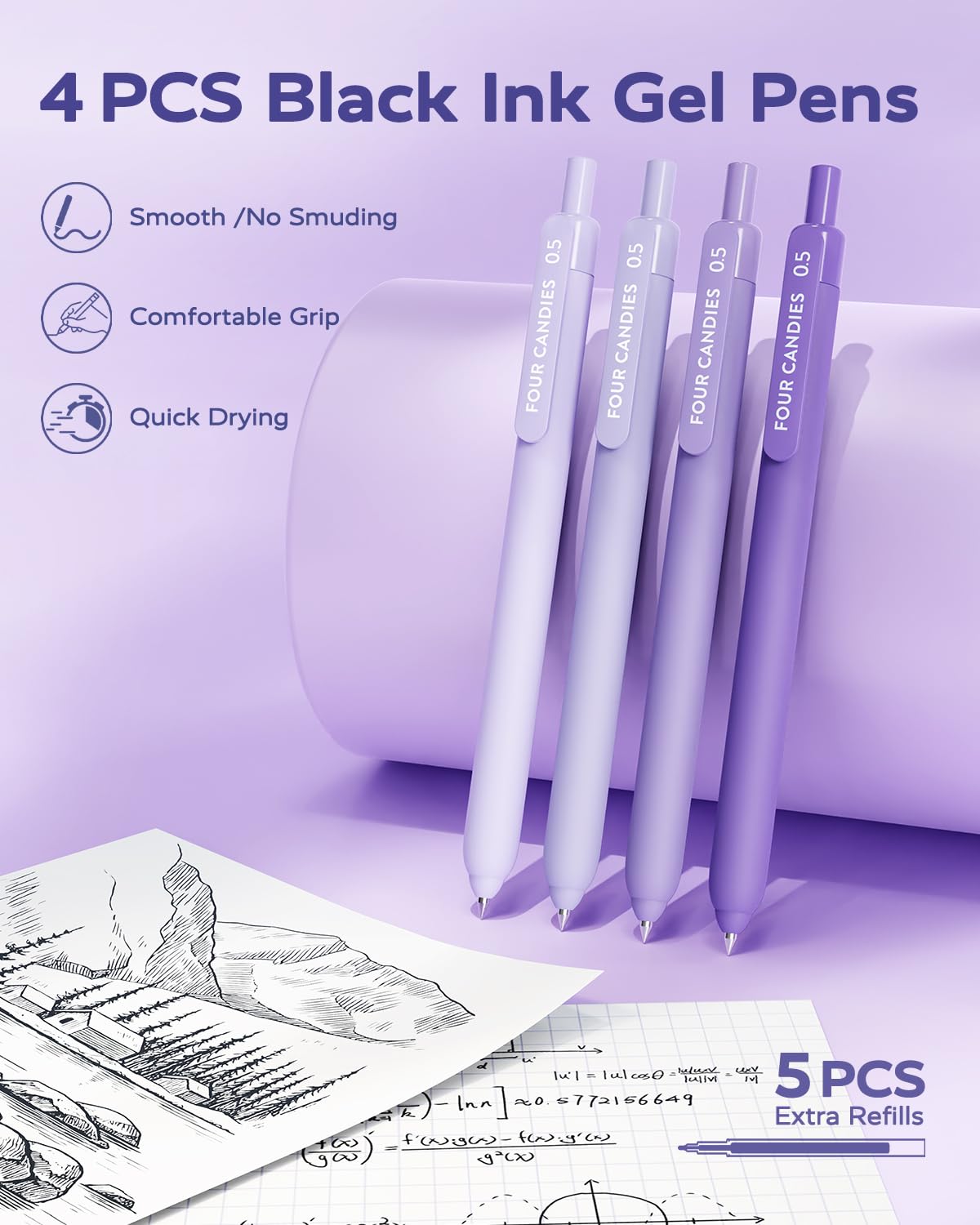 Four Candies Purple School Supplies, Gel Pens with Black Ink,Correction Tapes,Pastel Highlighters, Mechanical Pencils, Sticky Notes, Index Post for Bible Study Stationary College Essentials