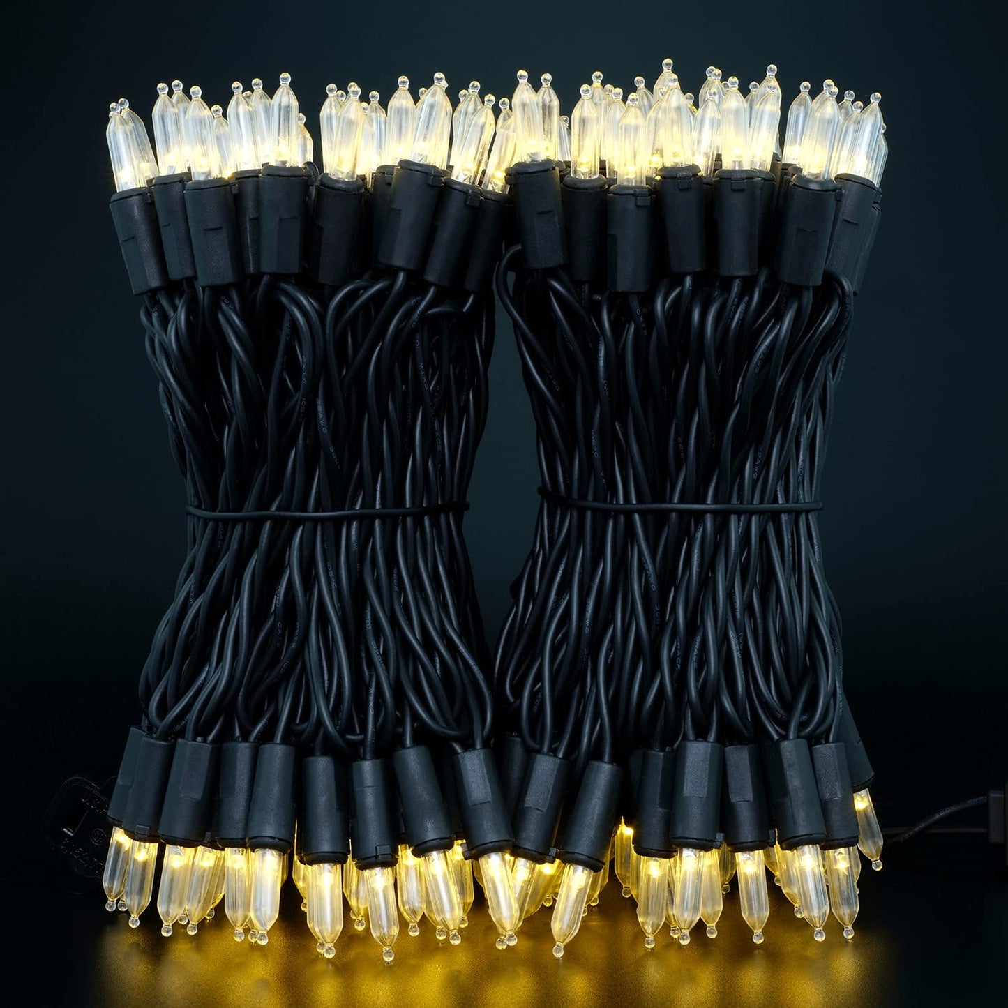 YULETIME 200 Warm White Christmas Lights, 2-Set 33 ft 100 LED Black Wire