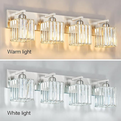 Modern Vanity Light 4-Lights Brushed Nickel Vanity Light Crystal Bathroom Wall Light Bathroom Light Fixtures