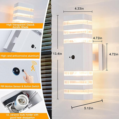 2 Pack Motion Sensor Outdoor Wall Lights with 4 Dimmable Bulbs, Modern White Dusk to Dawn Porch Sconces Waterproof Up Down Exterior Lighting Fixtures, Outside Coach Lamp for House Garage Front Door