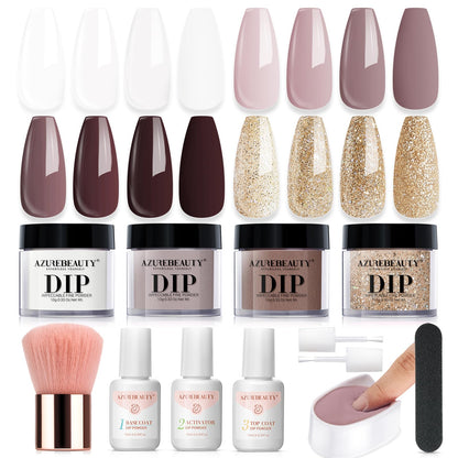 AZUREBEAUTY Dip Powder Nail Kit Starter, All Season Skin Tone Nude Brown 4 Colors Acrylic Dip Powder Liquid Set with Base/Top Coat Activator for French Nail Art Manicure DIY Salon Gifts
