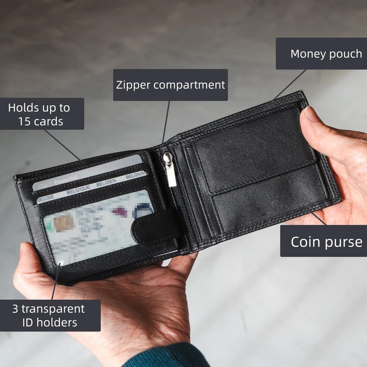 KAIDUCHKDC Mens Trifold Wallet with 3 ID Window & 15+ Card Slots, PU Leather Bifold Wallet for Men, Multi-Card Holder with Double Stitched for Business Travel, Black