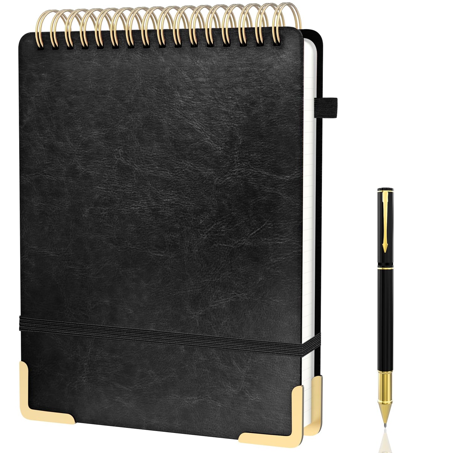 Mousbull A4 Top Spiral Notebook, Large Leather Hardcover Top Bound Steno Pads, 240 Pages 100 gsm Thick Lined Paper Left Handed Notebook Journal for Work, School, Meeting Writing - Black, 8.5" x 11"