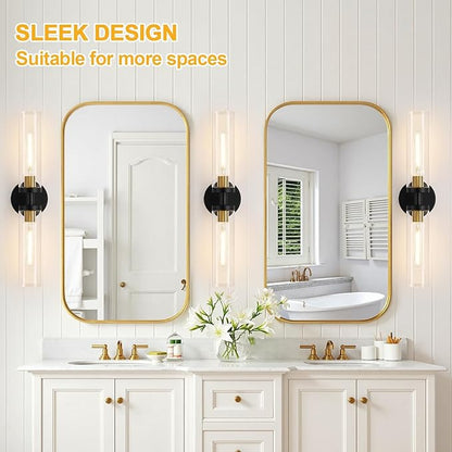 Black and Gold Wall Sconce, Bathroom Sconces Wall Lighting with Clear Glass, Modern Sconces Wall Light fixtures for Bathroom Mirror Living Room Hallway Bedroom