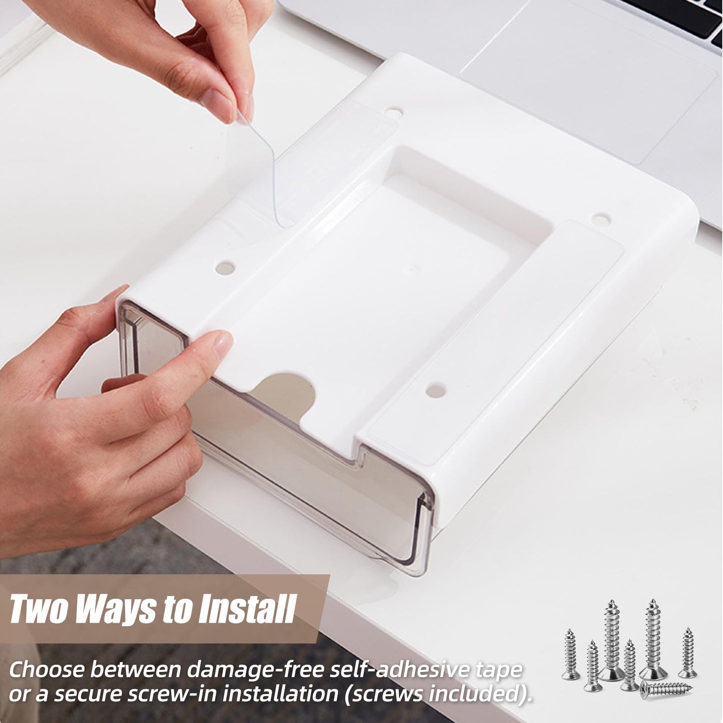 TooCust 2 Pack Under Desk Storage Drawers Slide Out-Drill-On or Self-Adhesive,Large&Medium Drawer Under Desk Organizer Under Table Drawer for Home Office School Organization and Storage