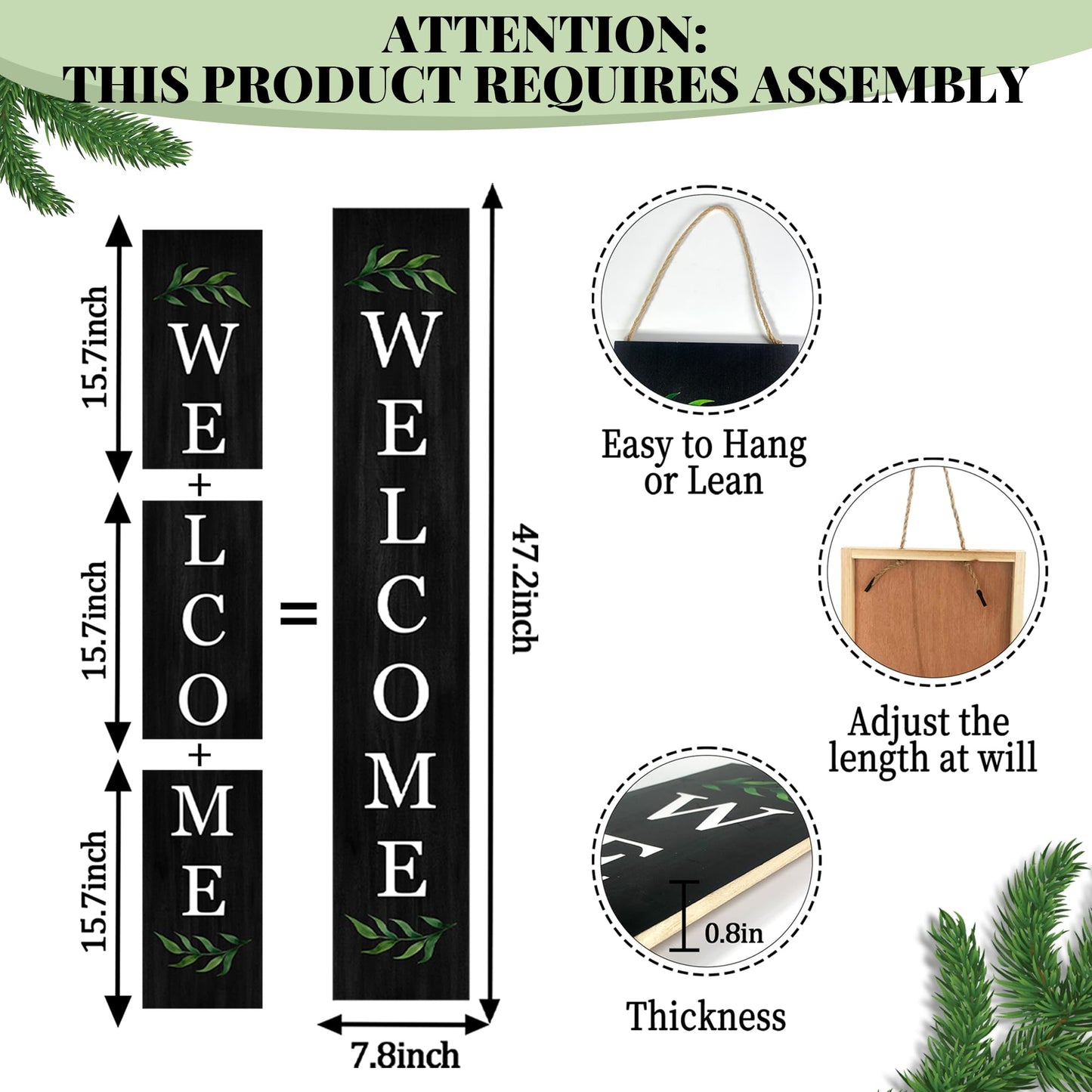 Welcome Wooden Porch Sign 47" Front Door Rustic Standing Large Welcome Porch Sign for Home Front Door Yard Season Party Decor (Black)