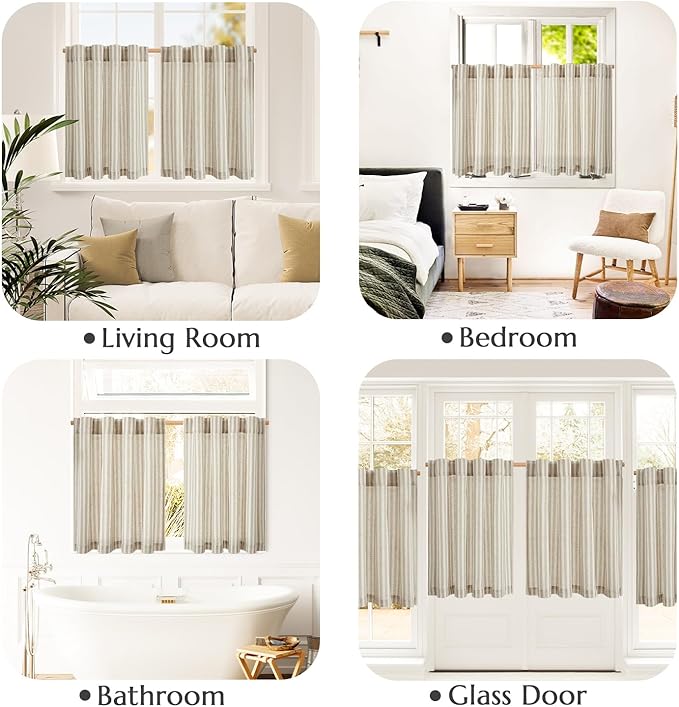 jinchan Striped Linen Kitchen Curtains 54 Inches Short Curtains Farmhouse Modern Cafe Style Window Treatments Airy Light Filtering Rod Pocket for Living Room Bathroom 2 Panels Taupe Grey