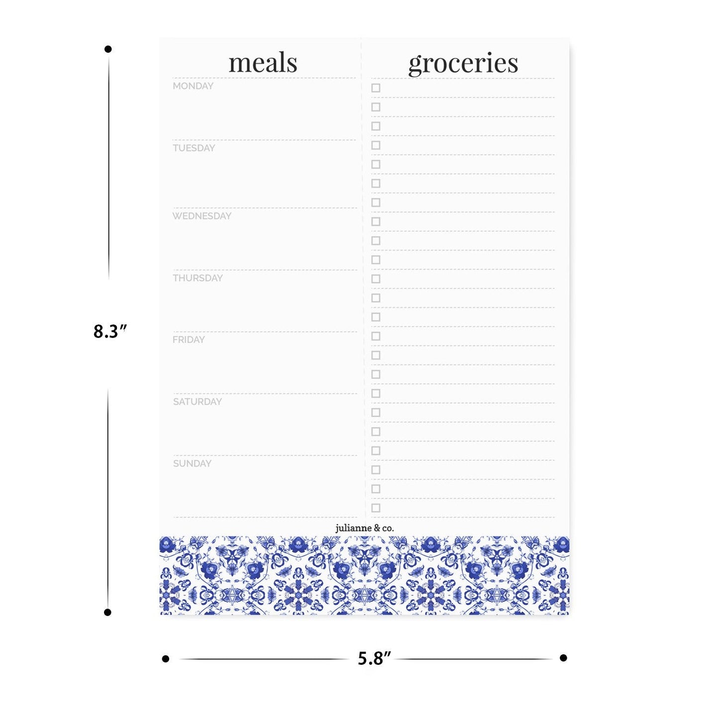 Weekly Magnetic Meal Planner Notepad By Julianne & Co - Food Planning Organizer And Grocery List Pad, 52 Premium A5 Pages, with Tear Away Perforated Shopping List (Blue China Print WITH Fridge Magnet)