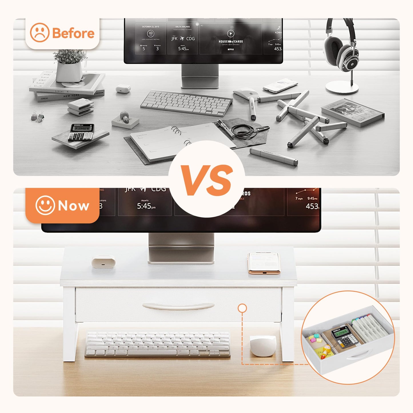 HEWORLIF Desk Organizers and Accessories, Computer Monitor Stand Riser with Drawer, White Laptop Stand for Desk with Storage, Office Organization, Wood