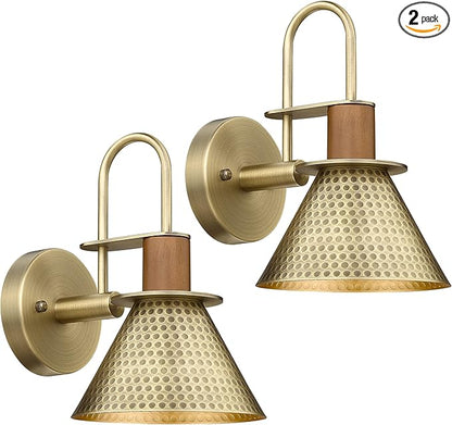 Brass Wall Sconces Set of Two, HWH Industrial Wall Light Fixtures Gooseneck Barn Light, Single Wall Lamp for Bedroom Bedside Bathroom Kitchen, Hammered Metal Shade, Antique Brass, 5HZG74B-2 BG